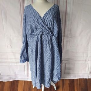 a new day Cotton Blue White Stripe Bell Sleeved Plus Dress